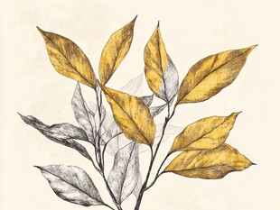 手绘金黄与银灰叶片图