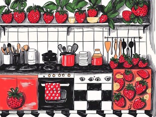 草莓主题的温馨厨房一角