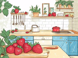厨房中的草莓与绿植风景