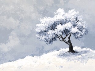雪覆孤树的静谧冬日景象