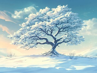 雪覆孤树的静谧冬日景象