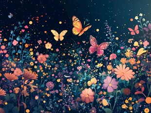 梦幻夜花园中的蝴蝶飞舞