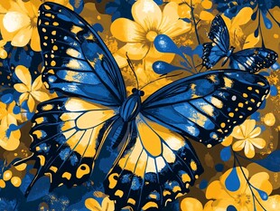 蓝黄蝶舞繁花间