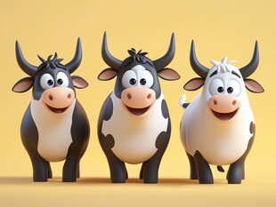 三头可爱卡通牛形象展示