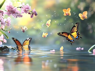 蝶舞花丛 春水映娇影