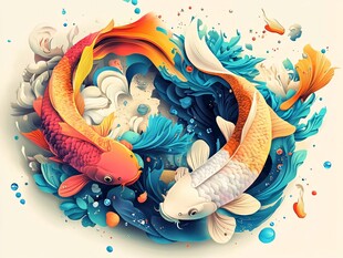 双锦鲤嬉水奇幻插画