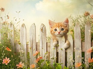 可爱小猫探头栅栏花丛间