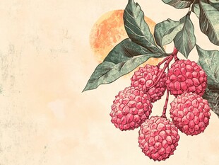 手绘荔枝枝叶插画图