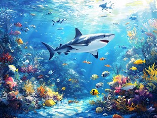 深海鲨鱼与多彩珊瑚世界