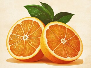 两半鲜橙带绿叶插画