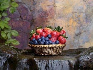 石上果篮 草莓蓝莓共盛放