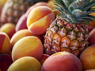 多彩桃子与菠萝的水果盛宴