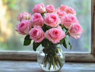 窗前粉玫瑰插花美丽动人