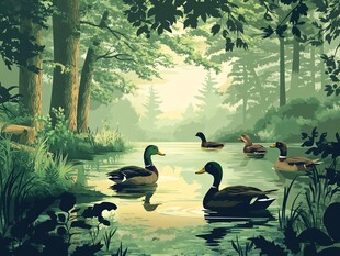林间湖畔的惬意鸭群