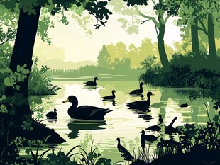 林间湖畔鸭群悠然图景