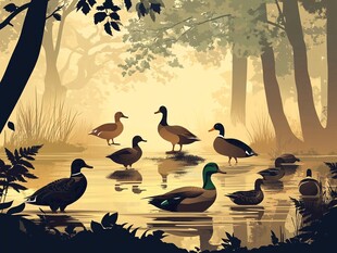林中湖畔的悠闲野鸭群