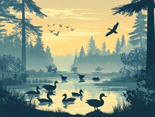 湖畔晨景 飞鸟游禽与森林