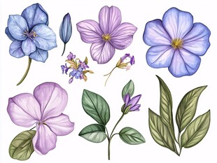 手绘蓝紫色花卉与绿叶