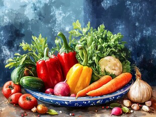 多彩新鲜蔬菜摆满瓷碗