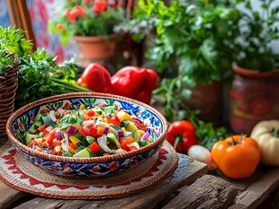 多彩蔬菜沙拉摆于复古碗中