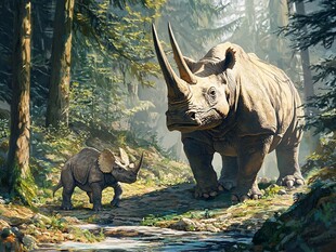 森林中大小犀牛的温馨画面