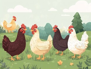 田园中的多彩母鸡群