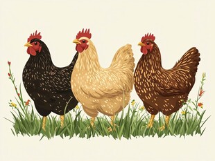 三只母鸡漫步在草地