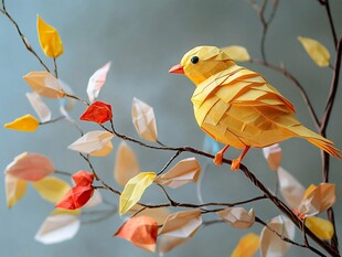 折纸小鸟栖于多彩枝叶间