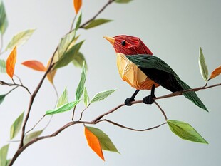 折纸小鸟栖于多彩枝头