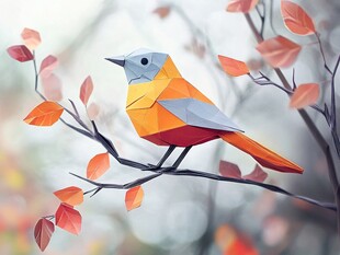 折纸小鸟栖于红叶枝头