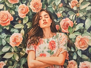 玫瑰丛中的沉睡少女