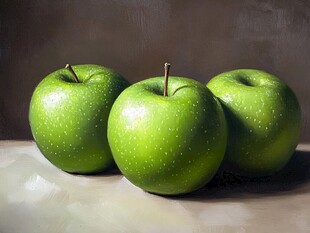 三个鲜绿苹果静物图