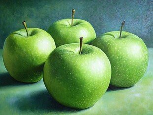 四个鲜绿苹果静物图