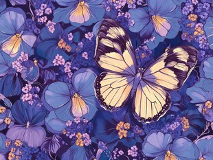 蓝紫花卉间的蝴蝶图案