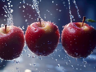 水珠飞溅下的鲜红苹果