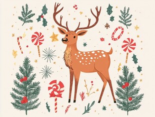 圣诞驯鹿与节日装饰元素