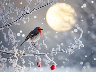 冬日枝头小鸟与霜花美景