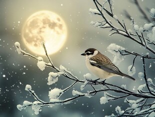 雪夜明月下的栖息小鸟