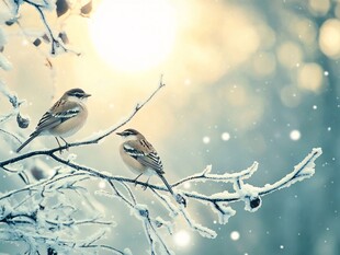 冬日枝头双鸟相依画面