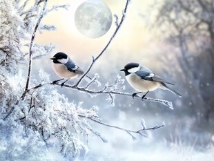 雪夜双鸟栖于银枝