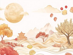 秋日山水古风美景插画