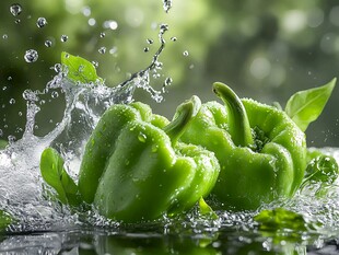 青椒入水溅起晶莹水花