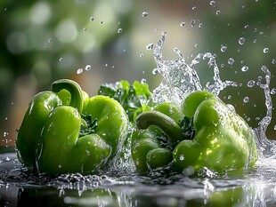 青椒遇水溅起晶莹水花