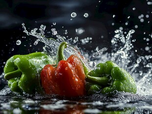 彩椒入水溅起晶莹水花