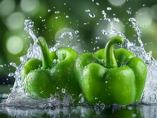 青椒入水溅起晶莹水花