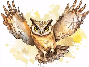 展翅翱翔的水彩猫头鹰