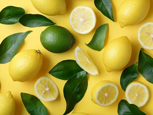 黄色背景上的柠檬与青柠
