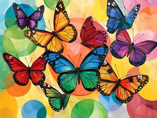 多彩蝴蝶在缤纷背景飞舞