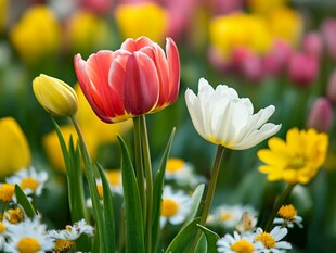 多彩郁金香与雏菊的美景
