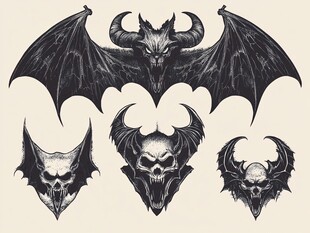 恶魔蝙蝠与骷髅纹身图案